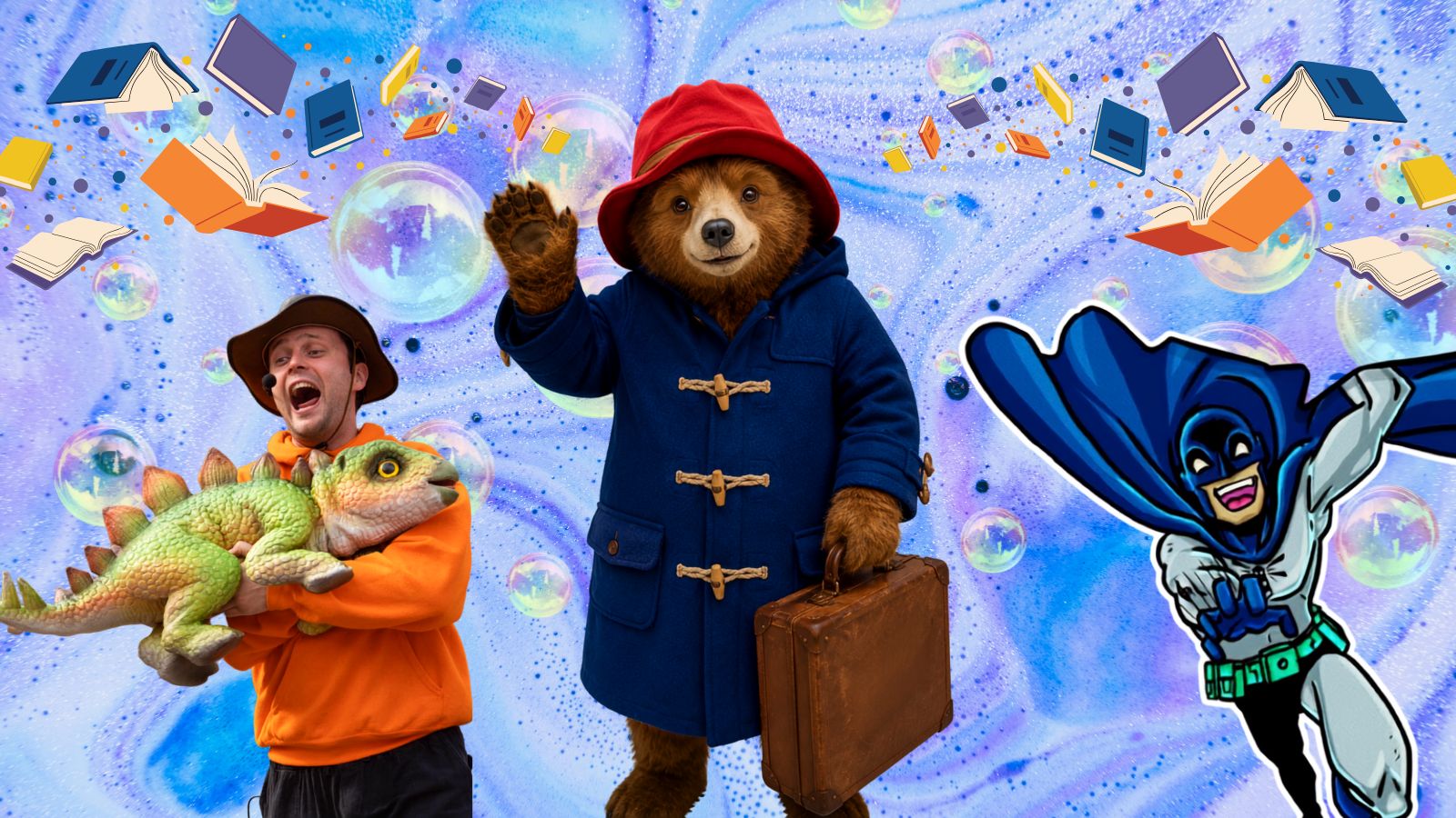 Summer activities at The Beacon: Paddington Bear waving, an entertainer holding a dinosaur puppet and a superhero character, among floating books and soap bubbles
