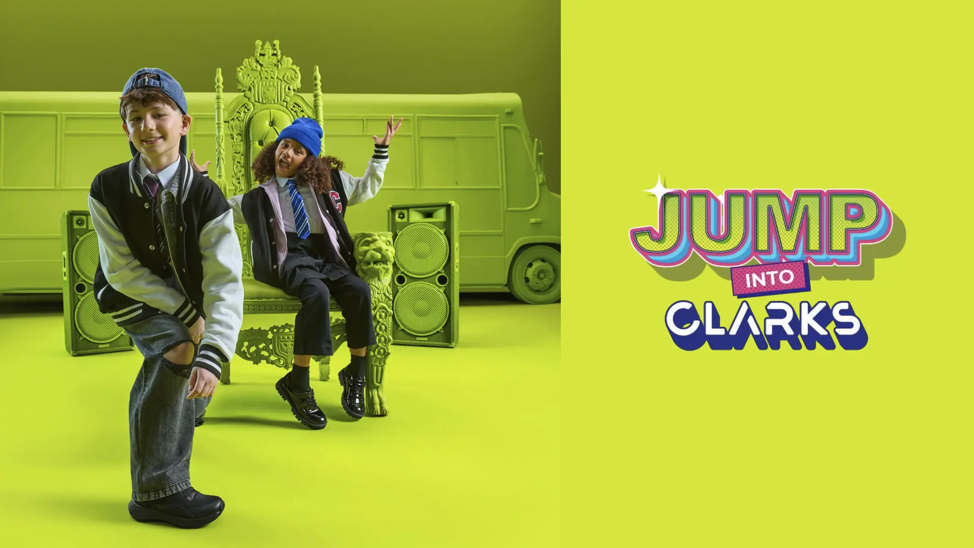 Jump into Clarks Back to School campaign, two children in school uniform