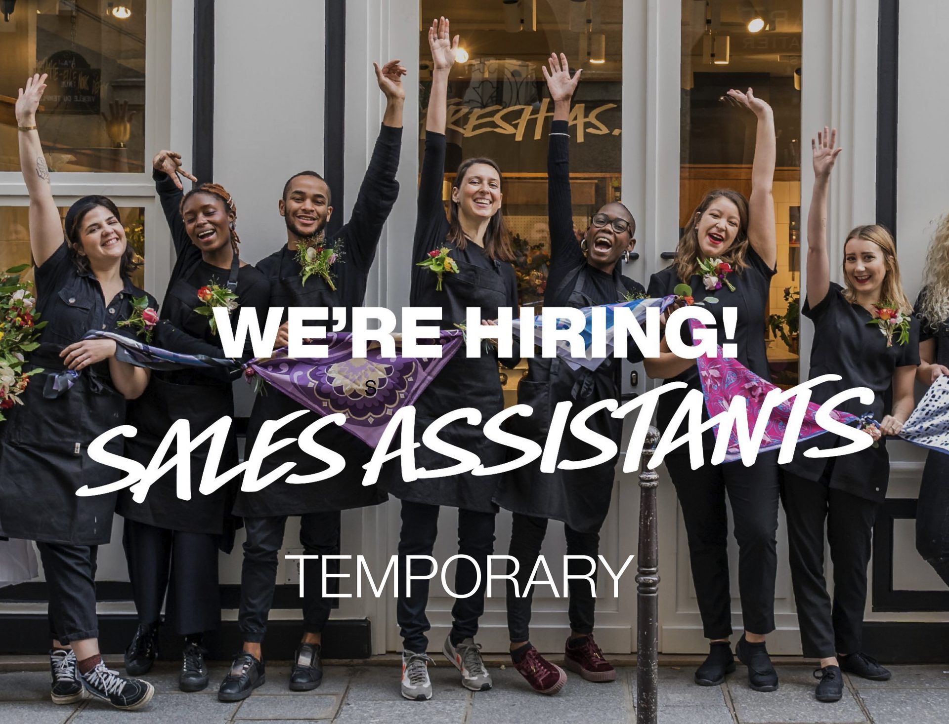 We're Hiring! Temporary Sales Assistants - the Lush store team celebrating outside the shop